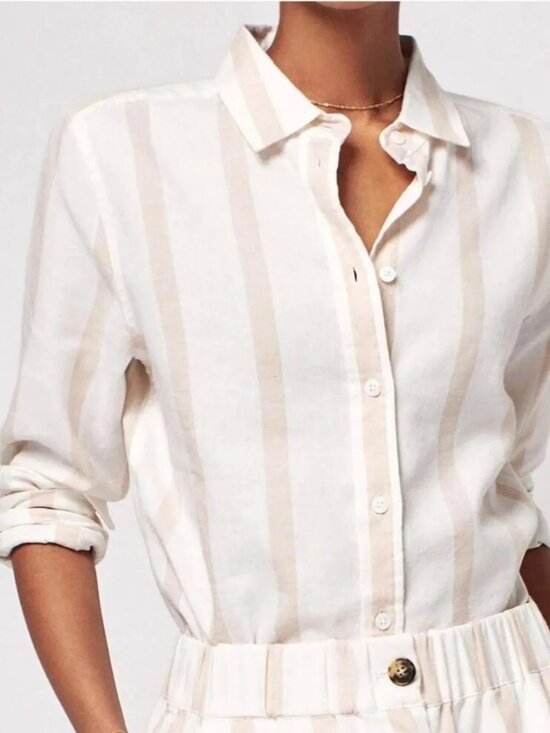Faherty Tops - Coastal Minimalist Preppy Boho Faherty White Cream Stripe Linen Button Up Large